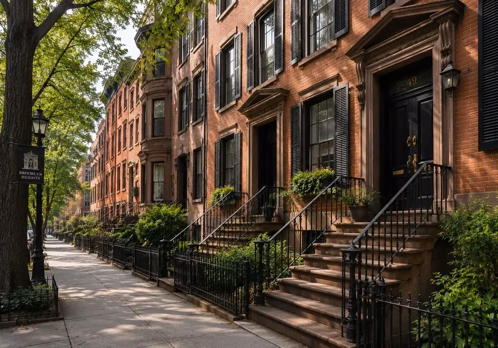 Tree-lined NYC brownstone block